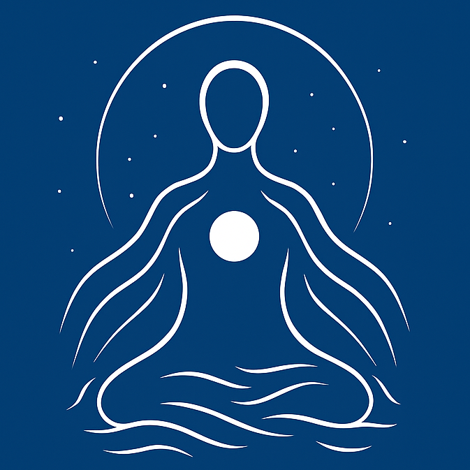 White silhouette of a meditating person on a blue background