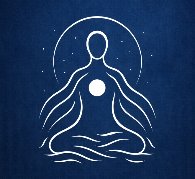 Meditation icon on a blue background with promotional text for meditation classes.