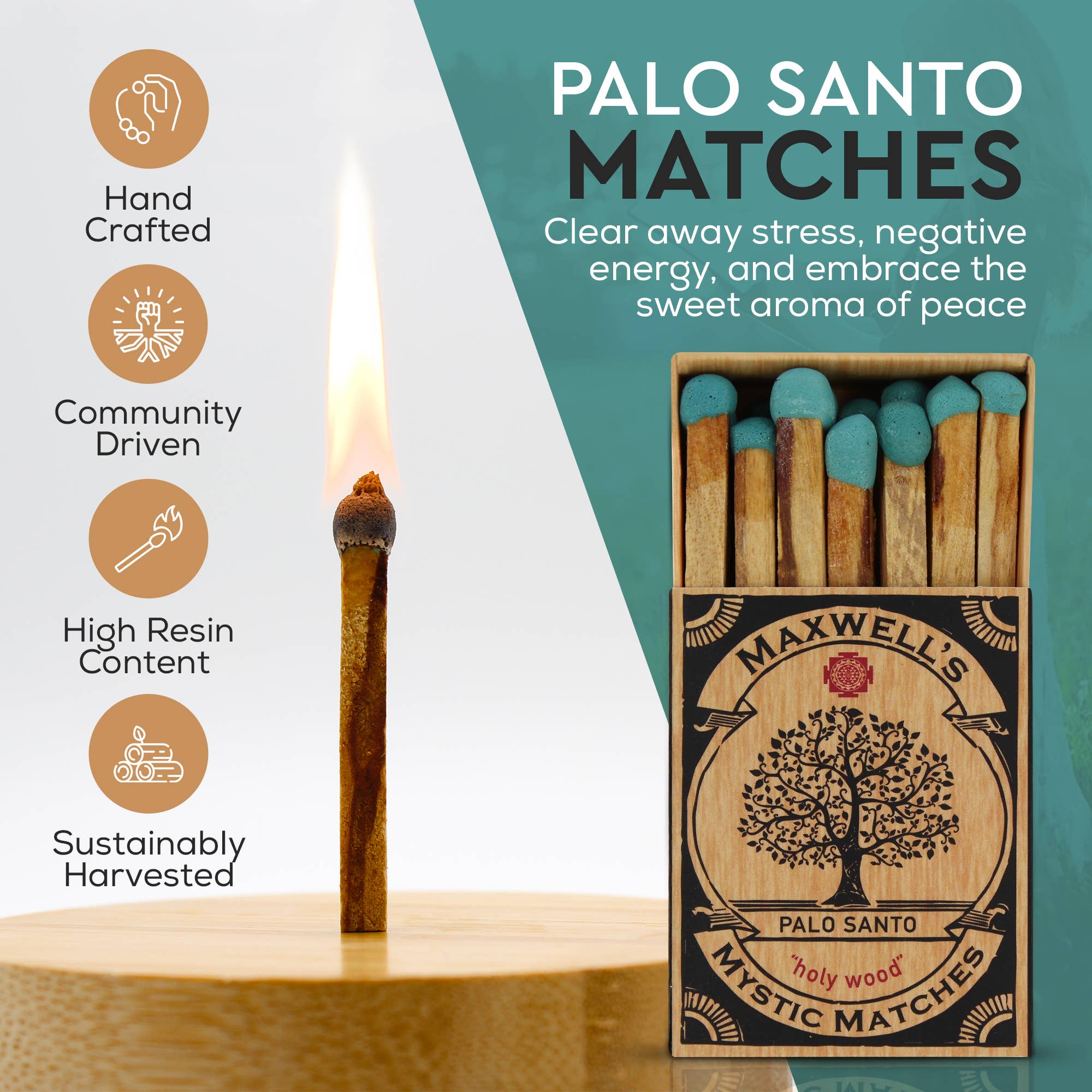 Box of Maxwell's Palo Santo matches with a lit match and brand logo on a light background