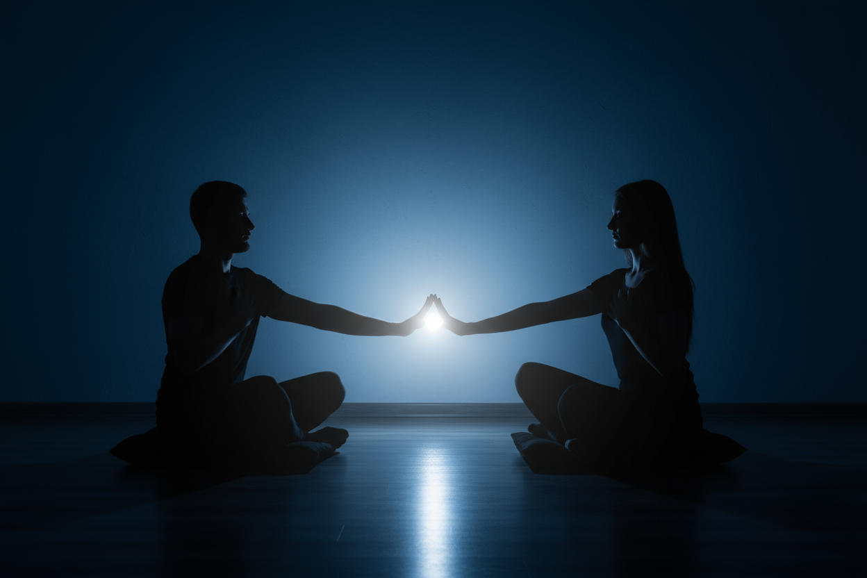a man and woman facing each other while sitting on a meditation cushion. they have on hand on their heart and one hand reaching out to feel each other's energy