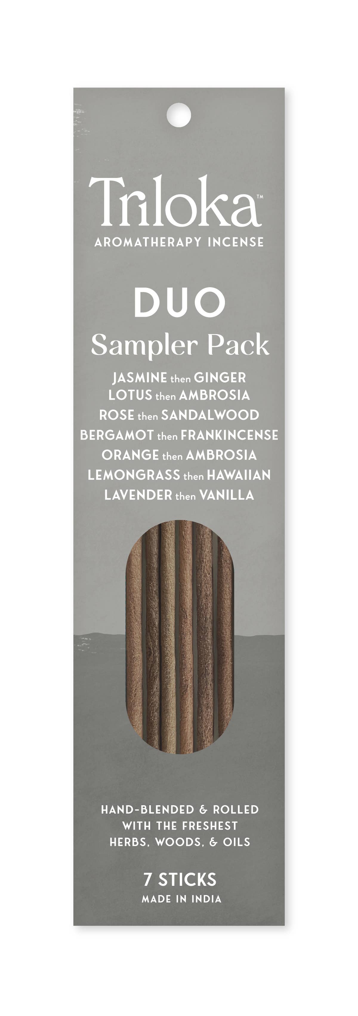 Triloka Duo Sampler Pack of incense sticks on a white background