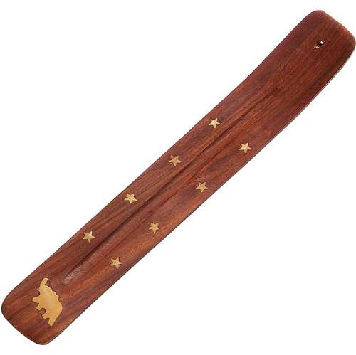Wooden Incense Holder w/ Elephant and Stars Brass Inlay
