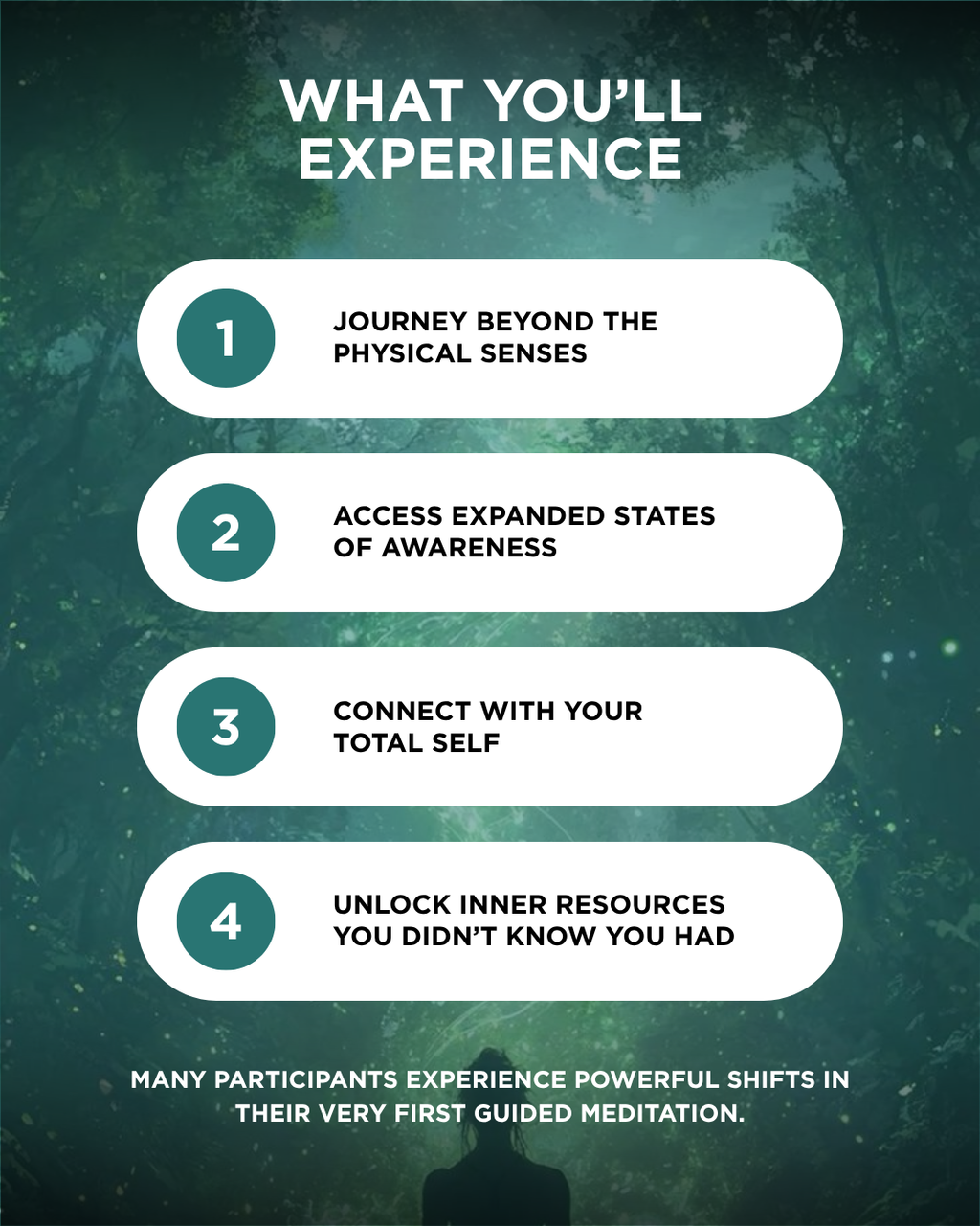An informational graphic for Monroe_Institute__Exploring_Consciousness_ workshop at The Quantum i in Bentonville, AR  with the heading 'WHAT YOU'LL EXPERIENCE' over a dark forest background, listing four bullet points in white rounded rectangles: 'Journey beyond the physical senses,' 'Access expanded states of awareness,' 'Connect with your total self,' and 'Unlock inner resources you didn't know you had.'.