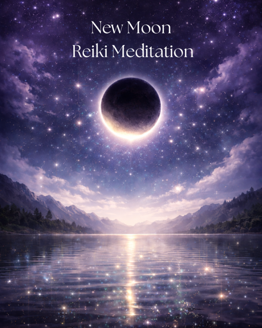 New Moon Reiki Meditation with a celestial scene of a moon over a lake and mountains.