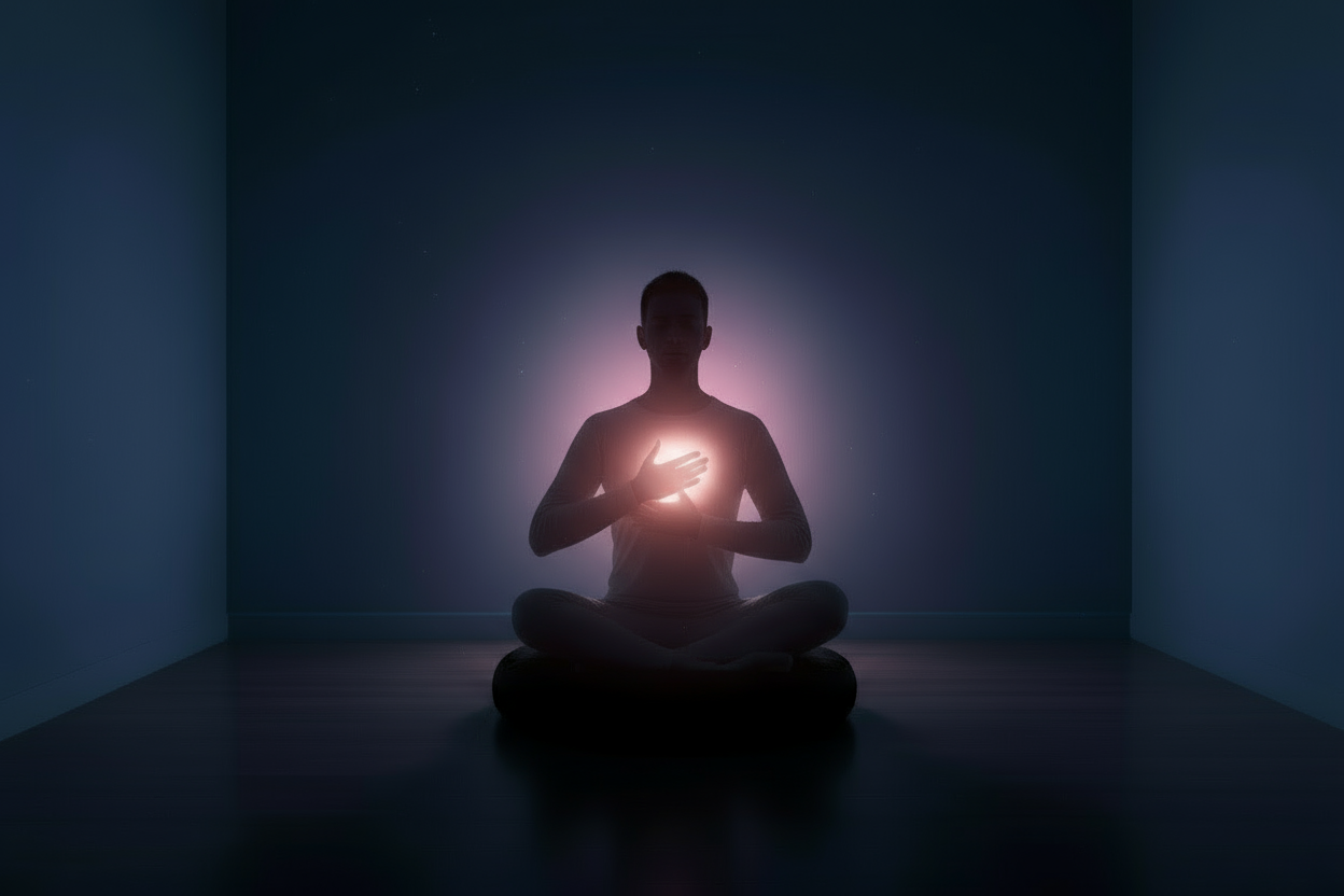 the silhouette of a man sitting on a meditation cushion with his to his chest, feeling the energy of his heart