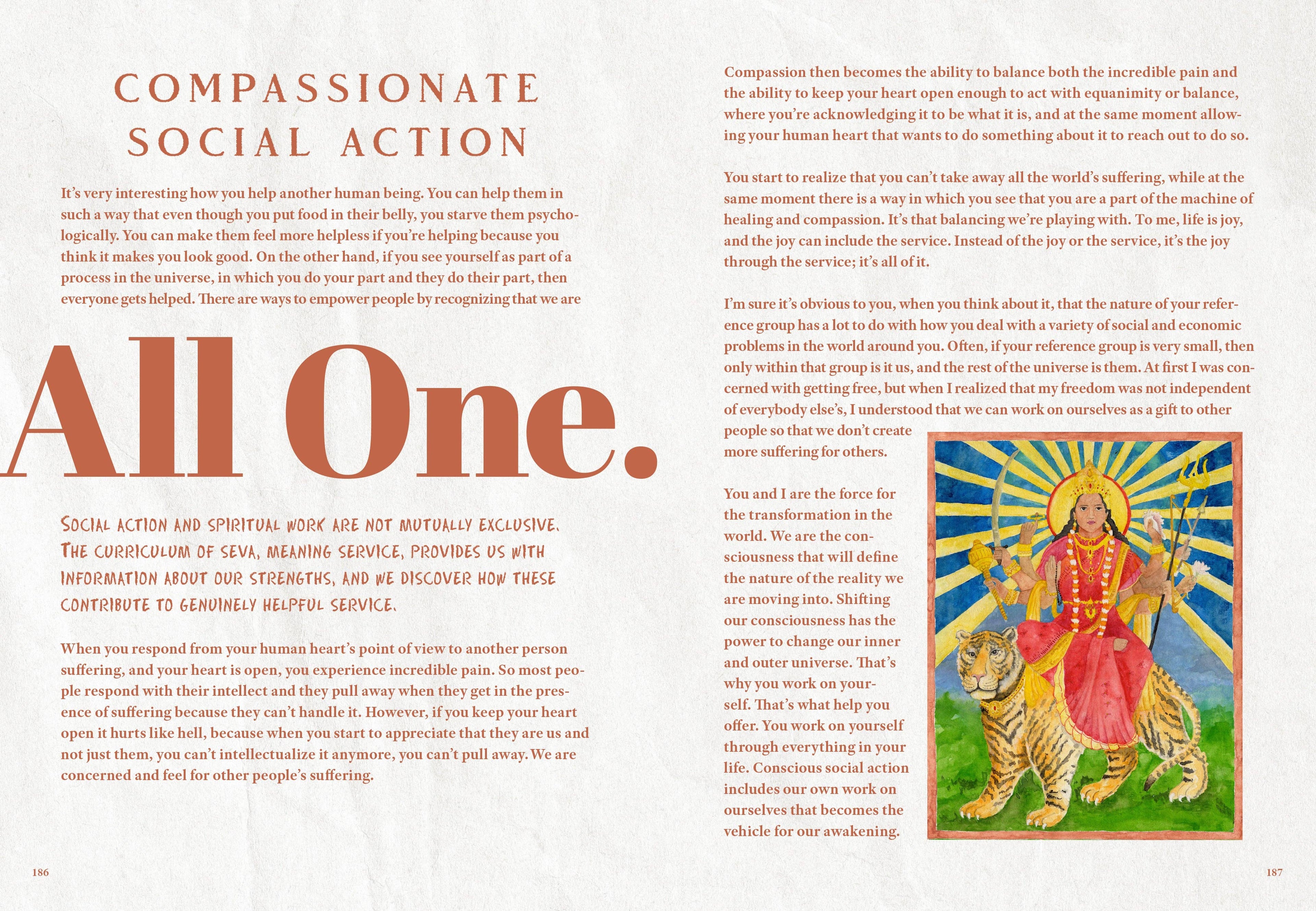 Page from a book or magazine with text and an illustration of a person on a tiger, titled 'All One'.