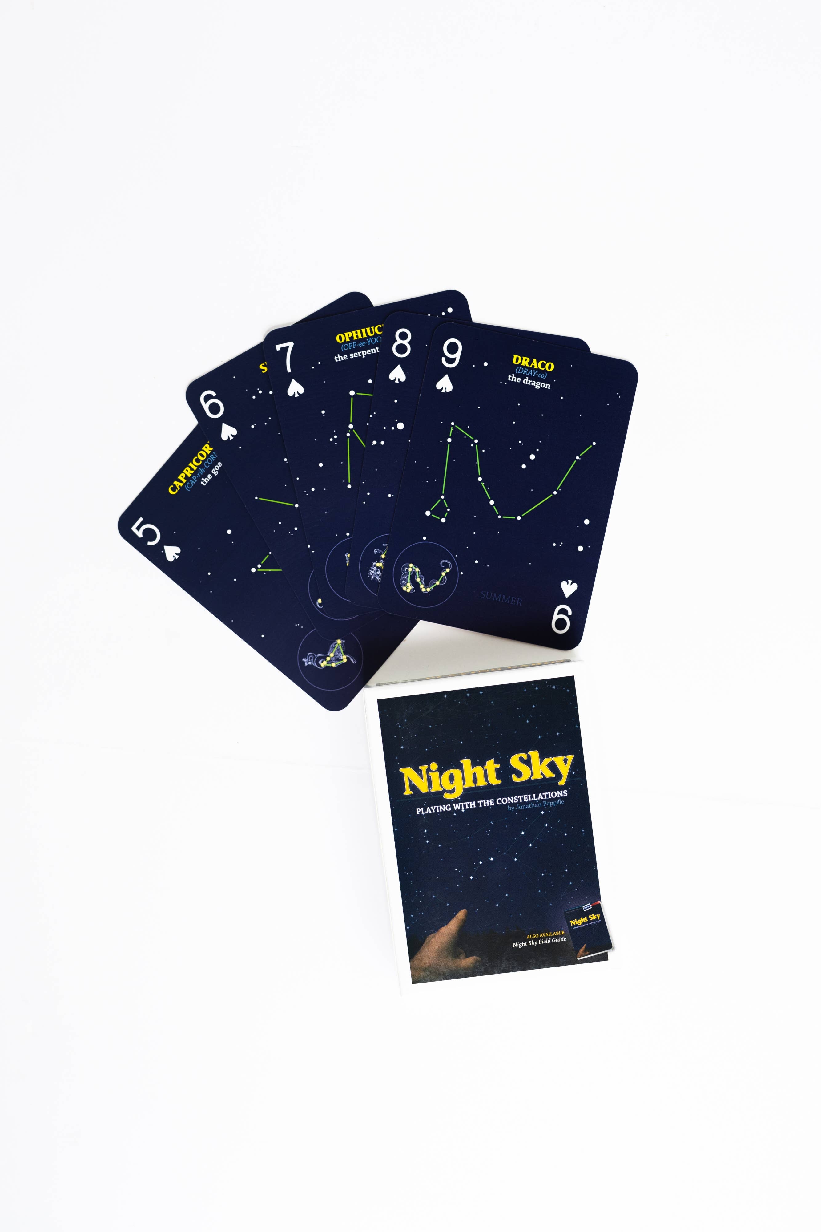 Playing cards with star constellations and a deck titled 'Night Sky' on a white background