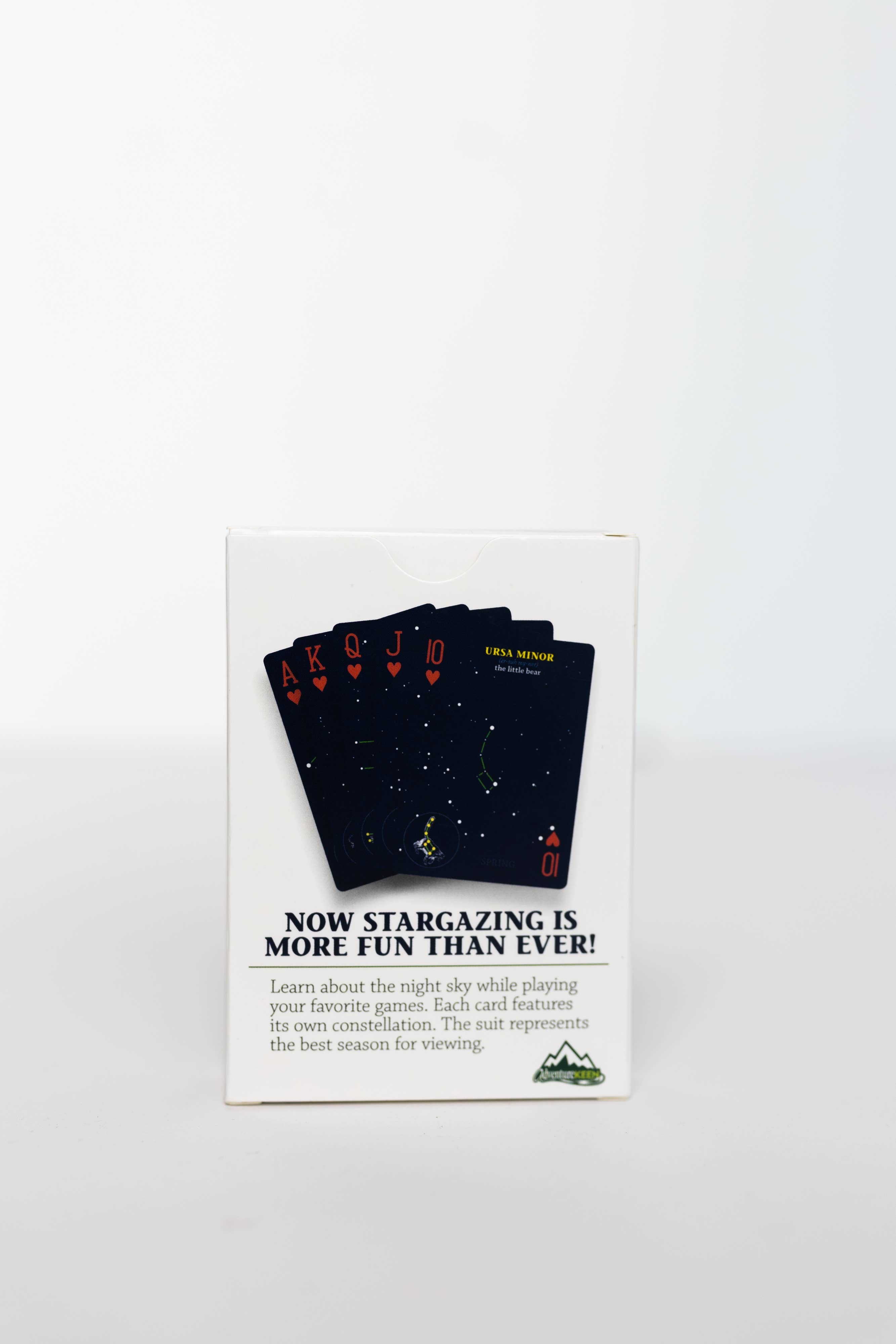 Playing cards with star patterns on a white card with text, on a white background