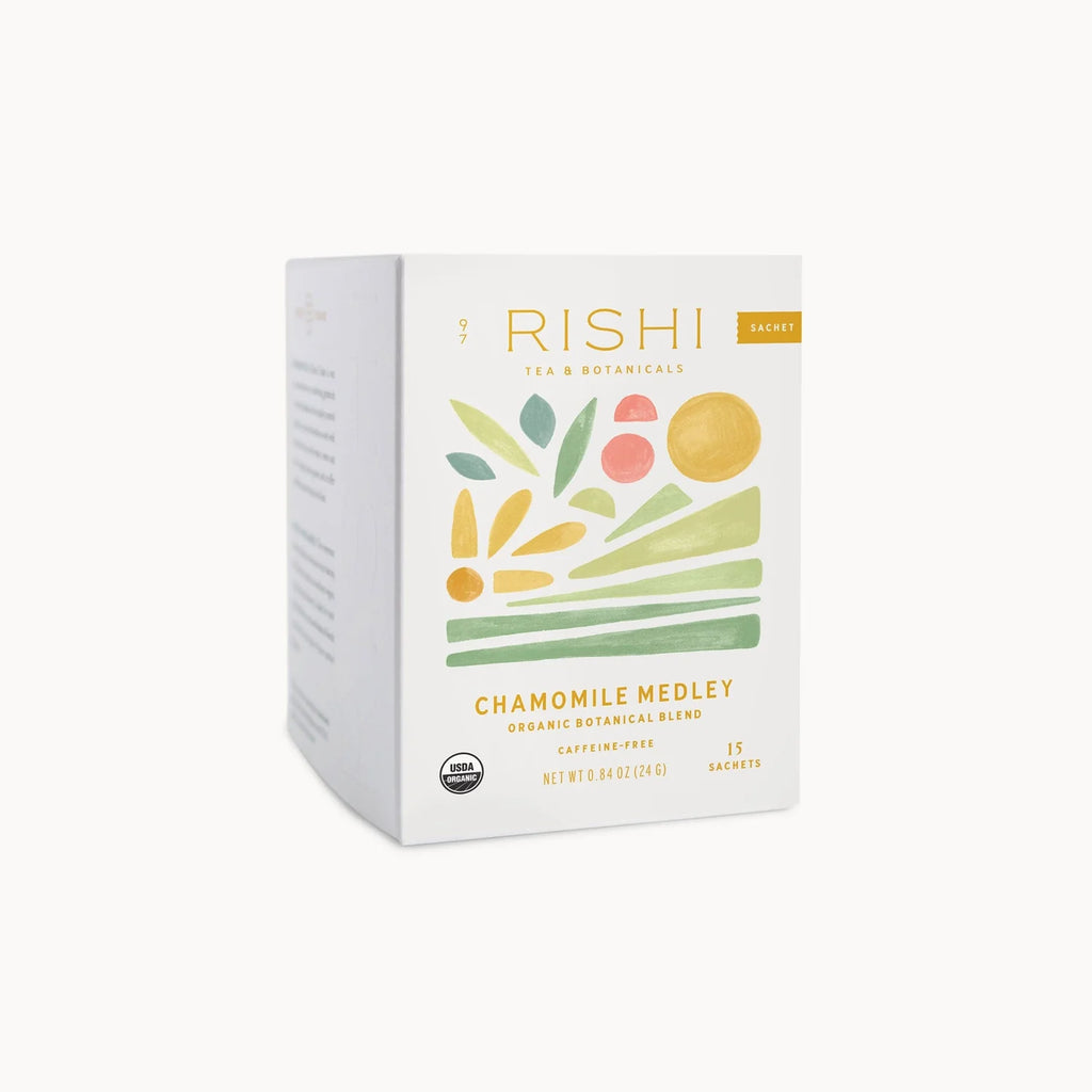 Rishi Chamomile Medley tea box on a white background