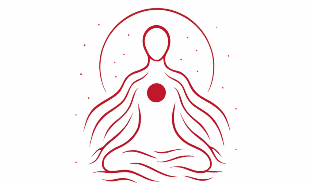 Red line drawing of a meditating figure on a white background