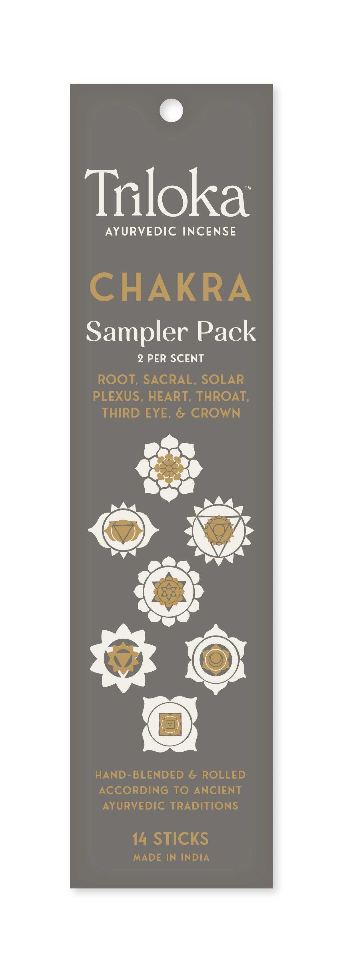 Triloka Chakra Sampler Pack packaging with illustrations of chakras on a gray background