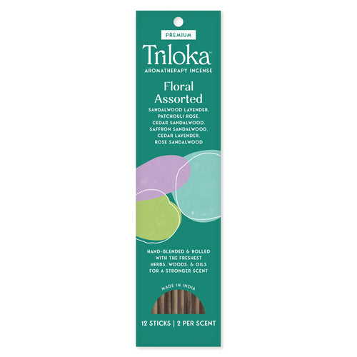 Triloka Aromatherapy Incense packaging with green background and product details.