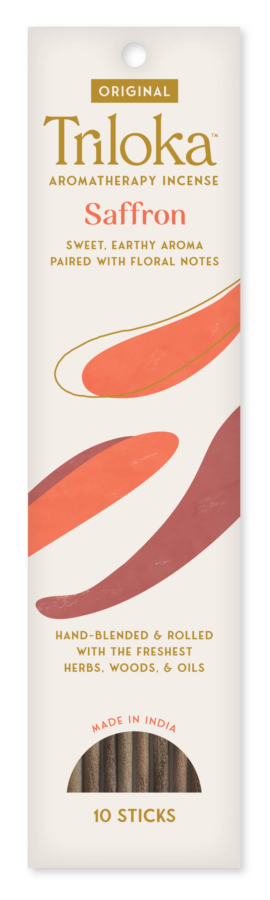 Triloka Saffron aromatherapy incense packaging on a white background
