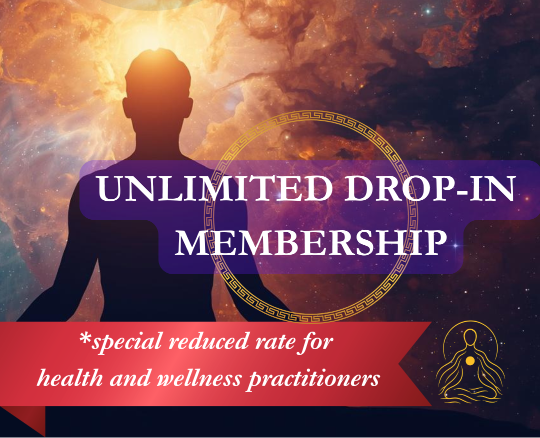 Promotional poster for unlimited drop-in membership with a silhouette of a person and cosmic background.