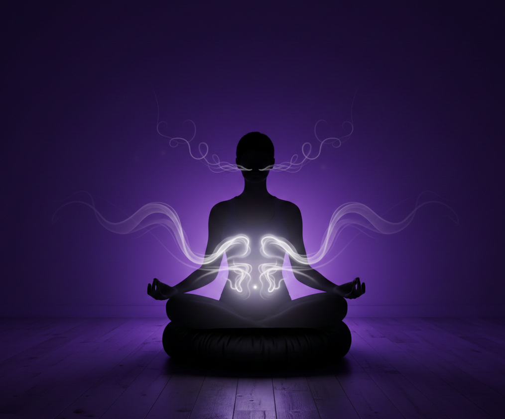 Silhouette of a person meditating with energy pathways on a purple background