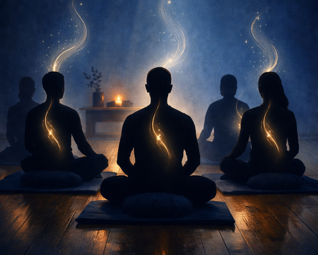 Silhouettes of people meditating with glowing outlines in a dimly lit room.