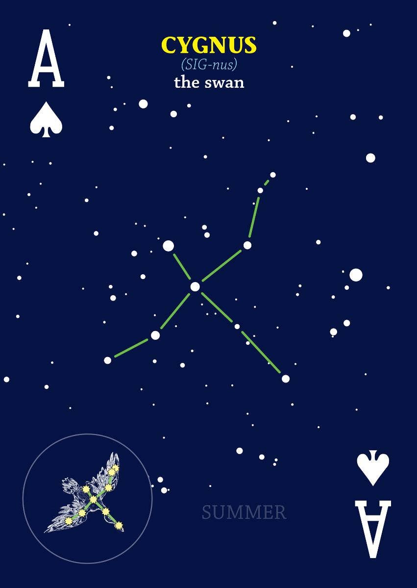 Star map of Cygnus constellation with ace of spades design on a dark blue background