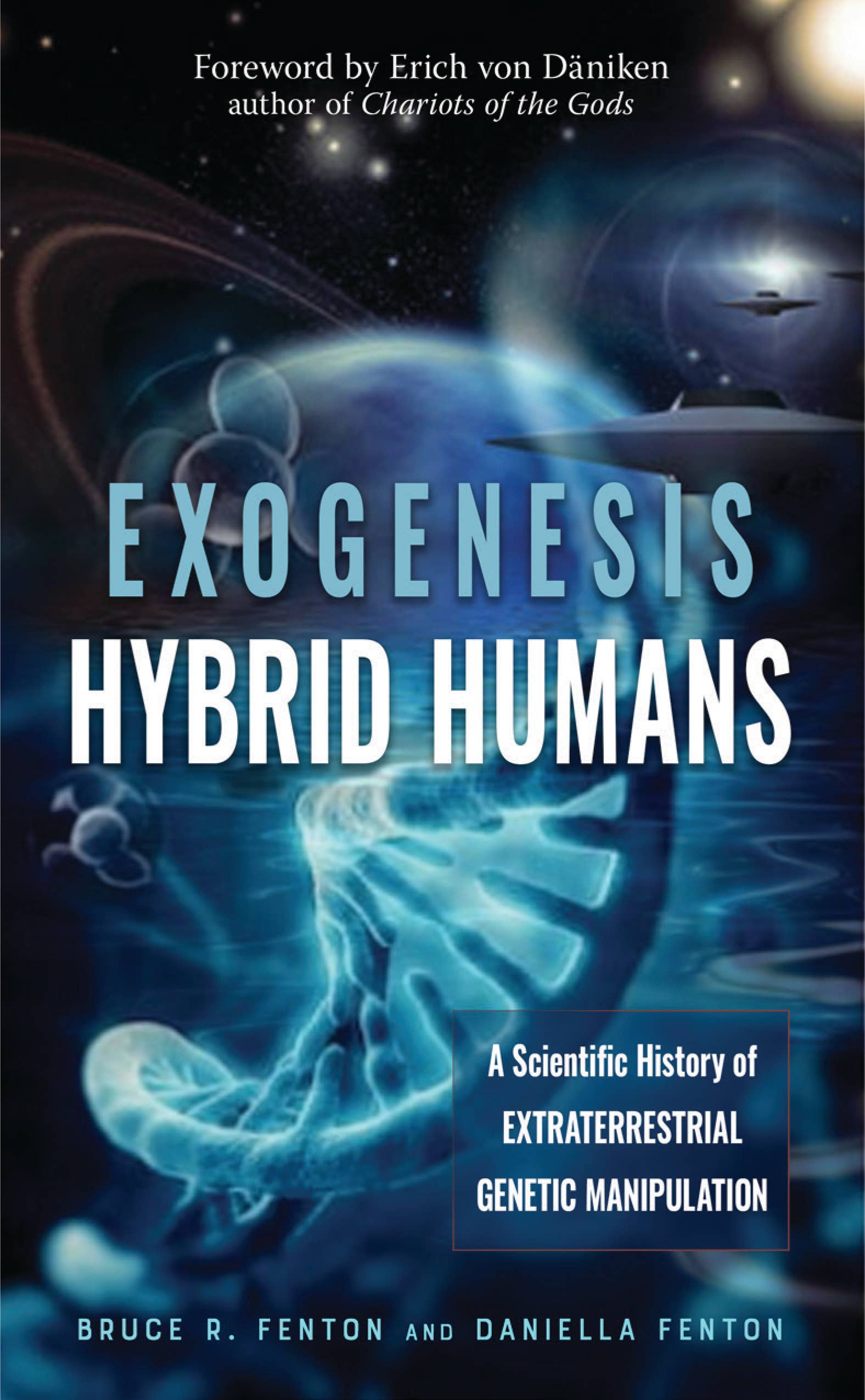 Book cover of 'Exogenesis Hybrid Humans' with a futuristic design and spaceship in the background.