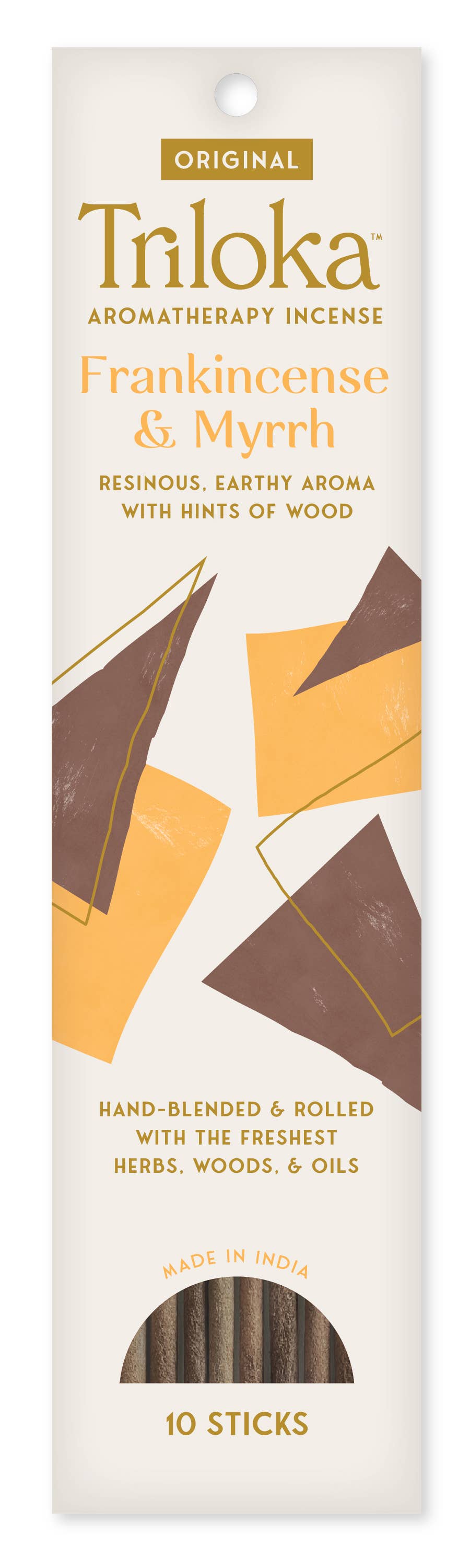 Triloka Frankincense & Myrrh aromatherapy incense packaging on a white background