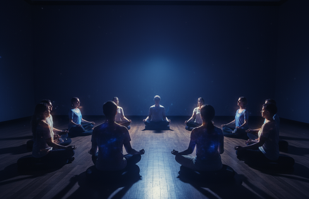 a group of people sitting on meditation cushions in a circle with a soft glowing white light energy above them in the center
