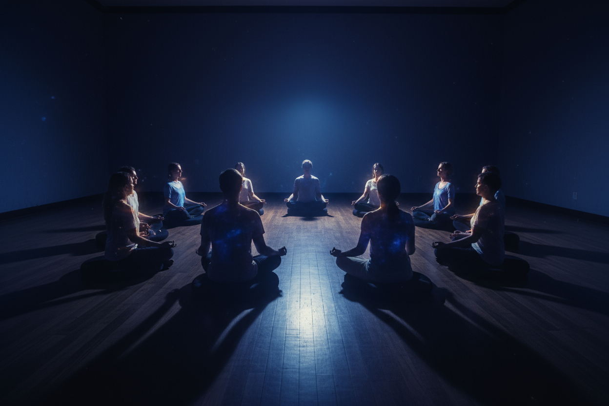 a group of people sitting on meditation cushions in a circle with a soft glowing white light energy above them in the center