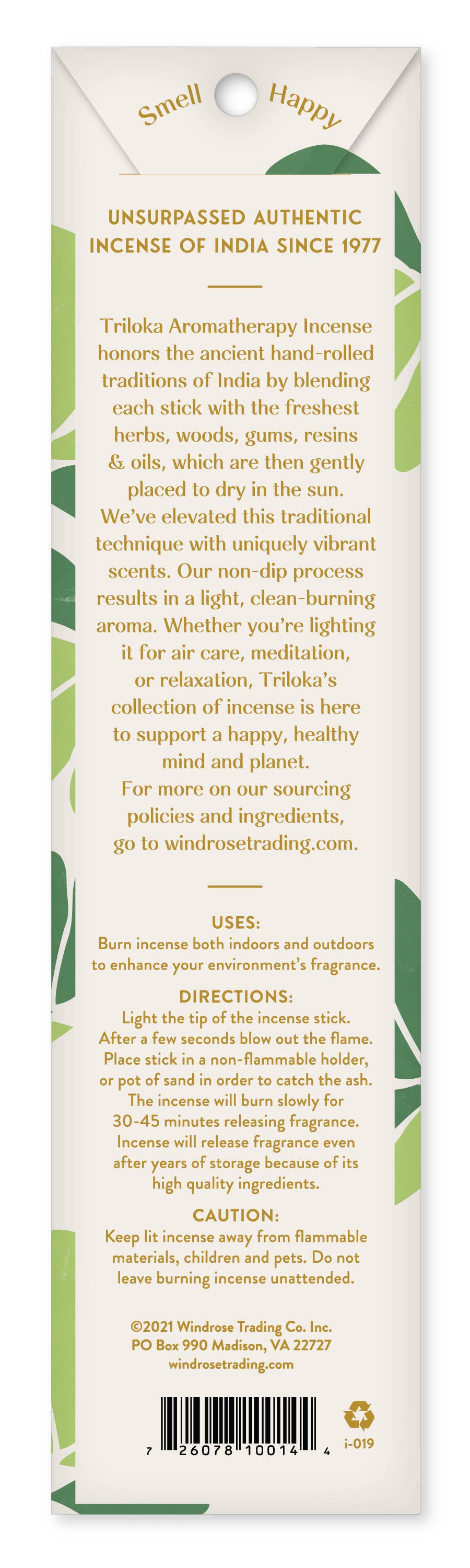 Back of a Triloka Aromatherapy product packaging with text and branding.