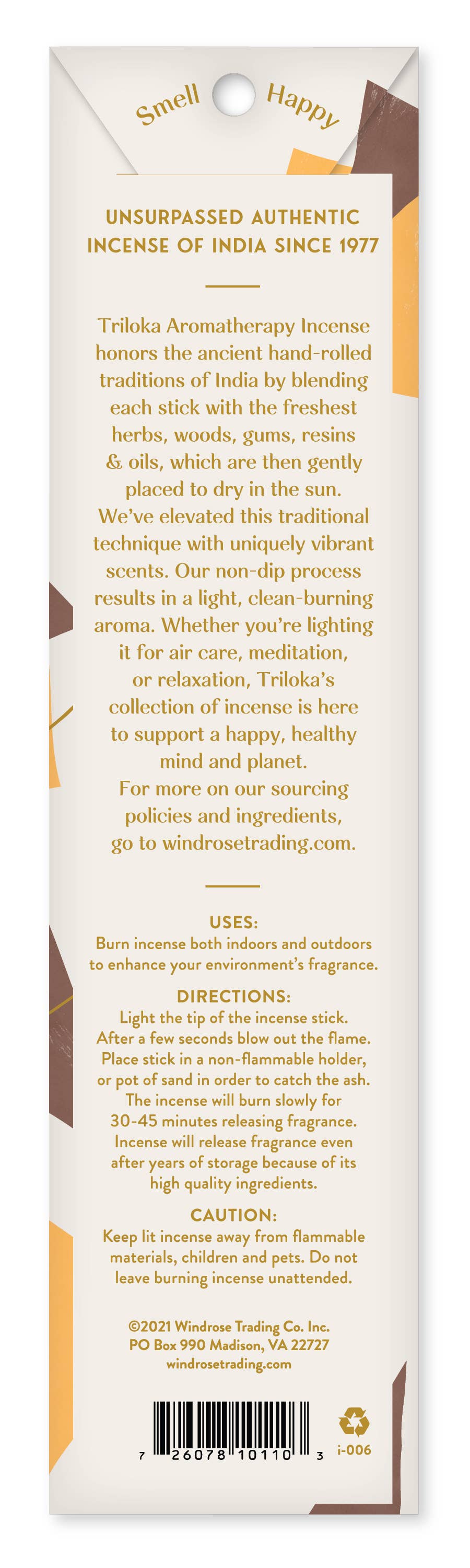 Triloka Aromatherapy incense packaging with text and branding