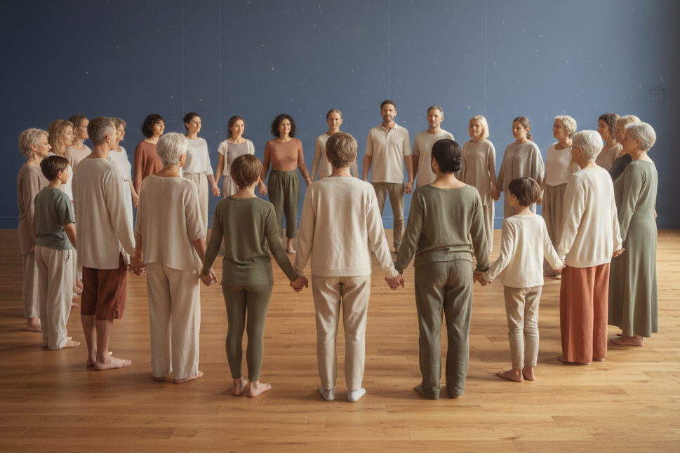 Group of people holding hands in a circle in a room with blue walls and wooden floors.
