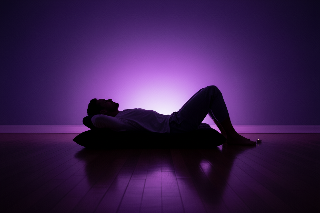 Person lying on a wooden floor with a purple light illuminating them against a dark background
