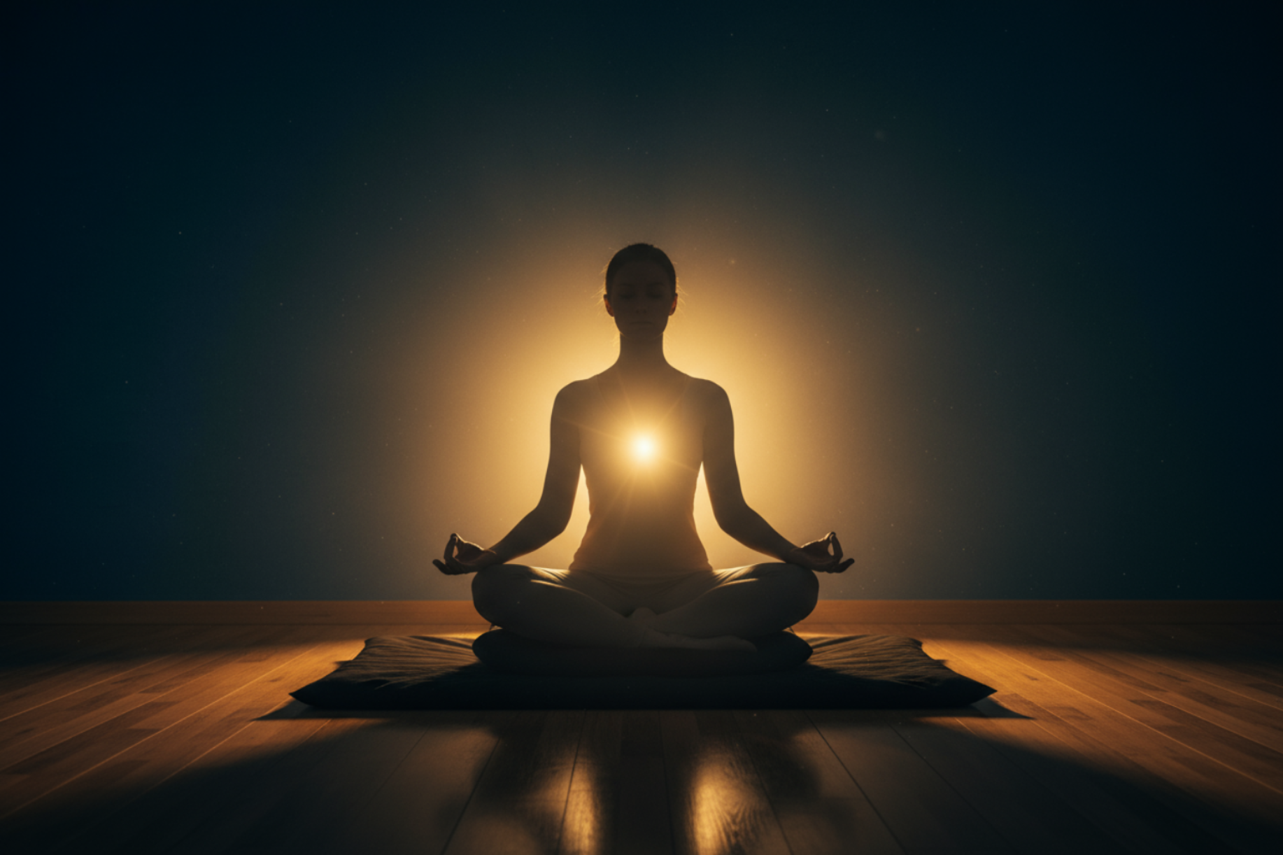 silhouette of a person meditating while sitting on a black zafu and zubaton set and in a room with dark blue walls and wooden floors. there is a warm glowing light coming from their body