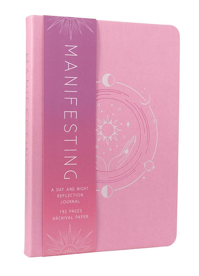 Pink journal titled 'Manifesting' with celestial design on a white background