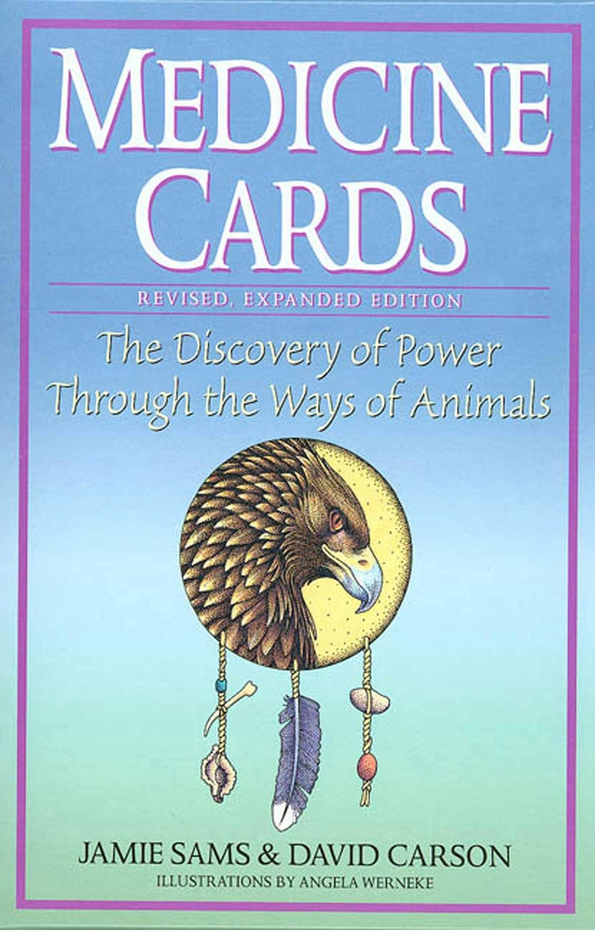 Book cover of 'Medicine Cards' with an illustration of a bird and feathers on a blue and green gradient background."the discovery of power through the ways of animals"