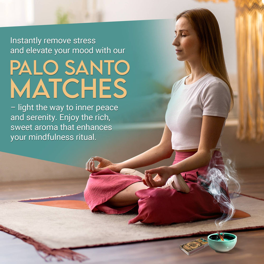 Woman meditating with Palo Santo matches in a peaceful setting
