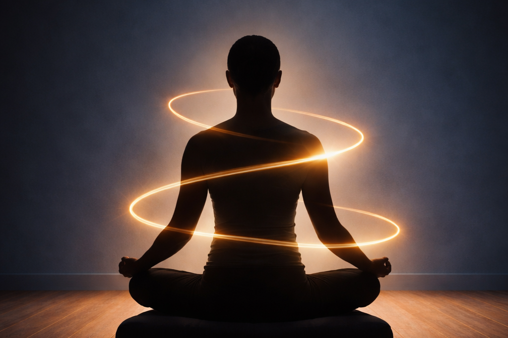 Silhouette of a person meditating with glowing circular lights in a dark room.