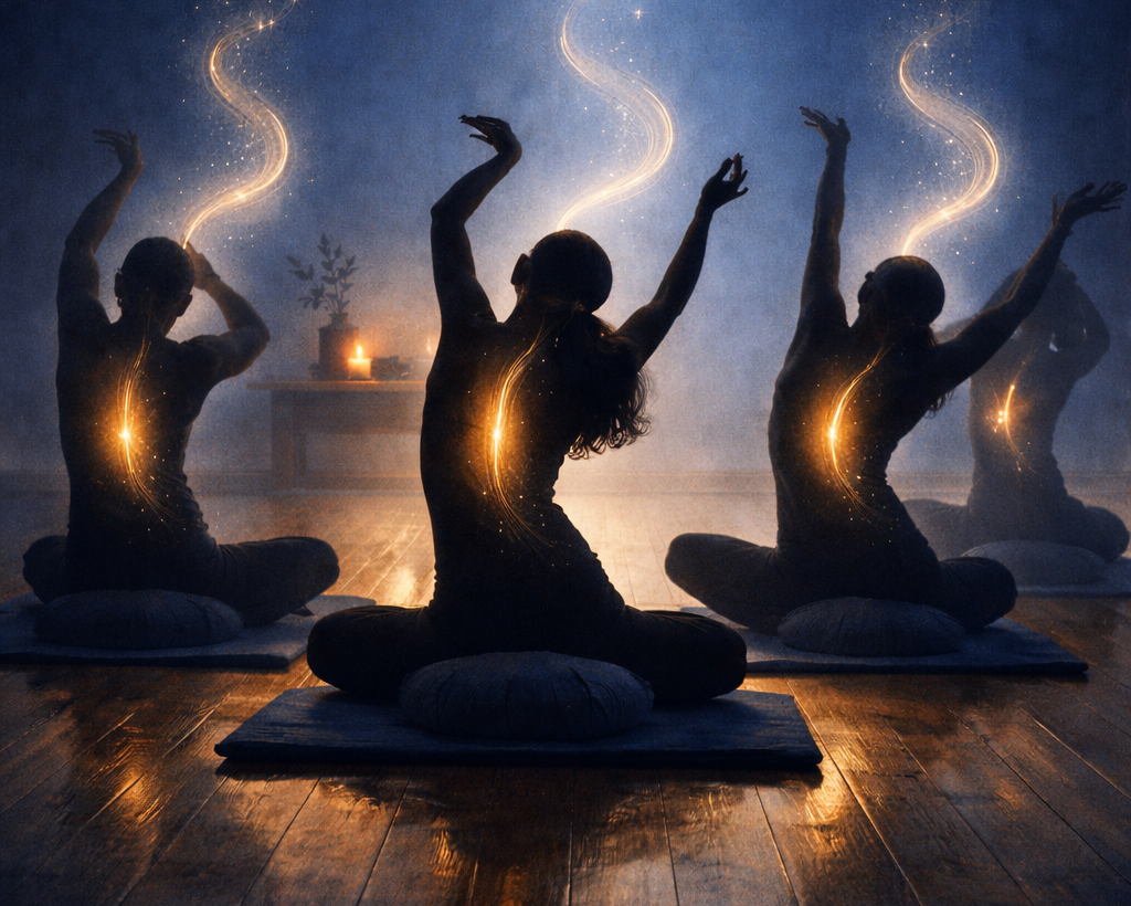 Three people meditating with glowing outlines in a dimly lit room.