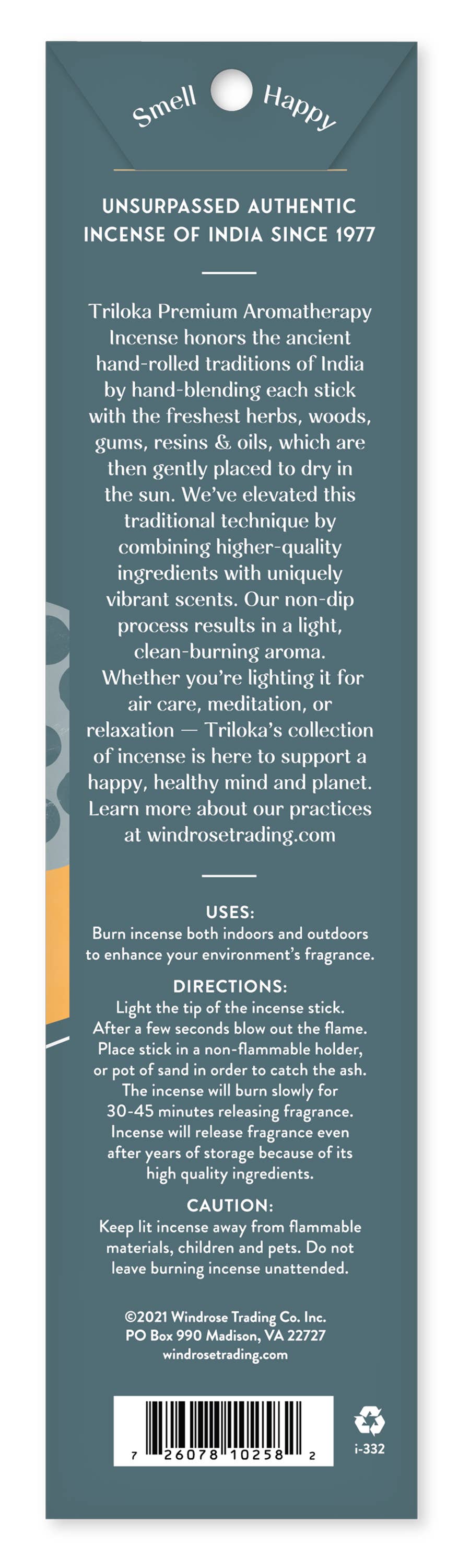 Back of an incense packaging with text and branding