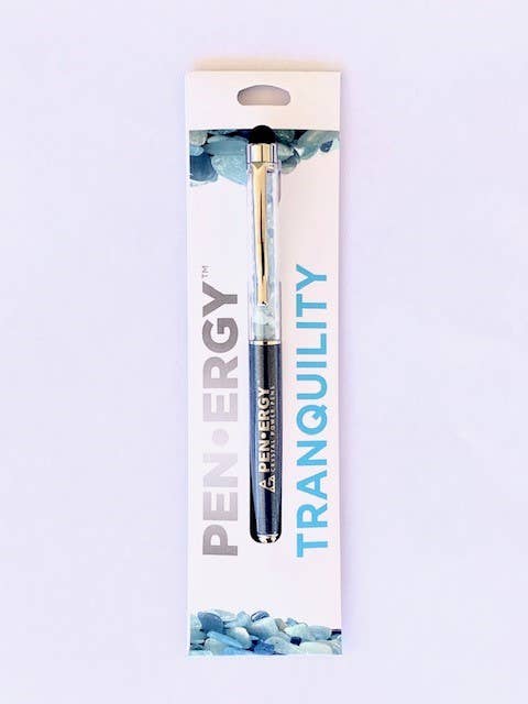A Pen-Ergy Tranquility pen in its original white cardboard packaging, featuring blue and gray text and decorative water imagery.