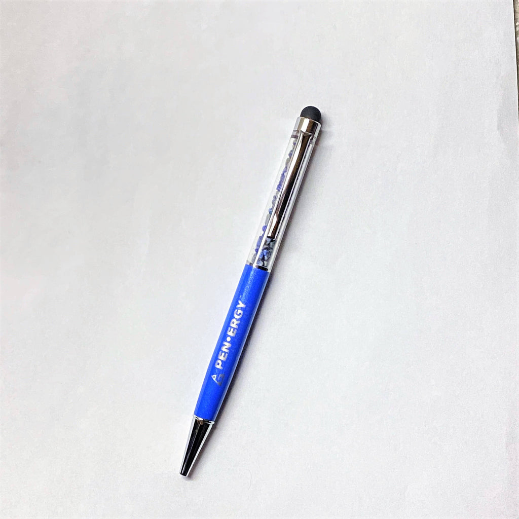 Blue crystal energy pen with a stylus on a white background