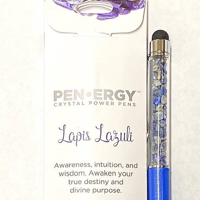 Pen-Energy Lapis Lazuli crystal power pen with packaging on a white background