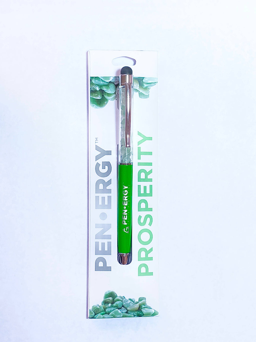 A green and silver Pen•ERGY stylus pen displayed vertically on its white retail card packaging, which features the words 'PEN•ERGY' and 'PROSPERITY' with green stone graphics, set against a plain white background.
