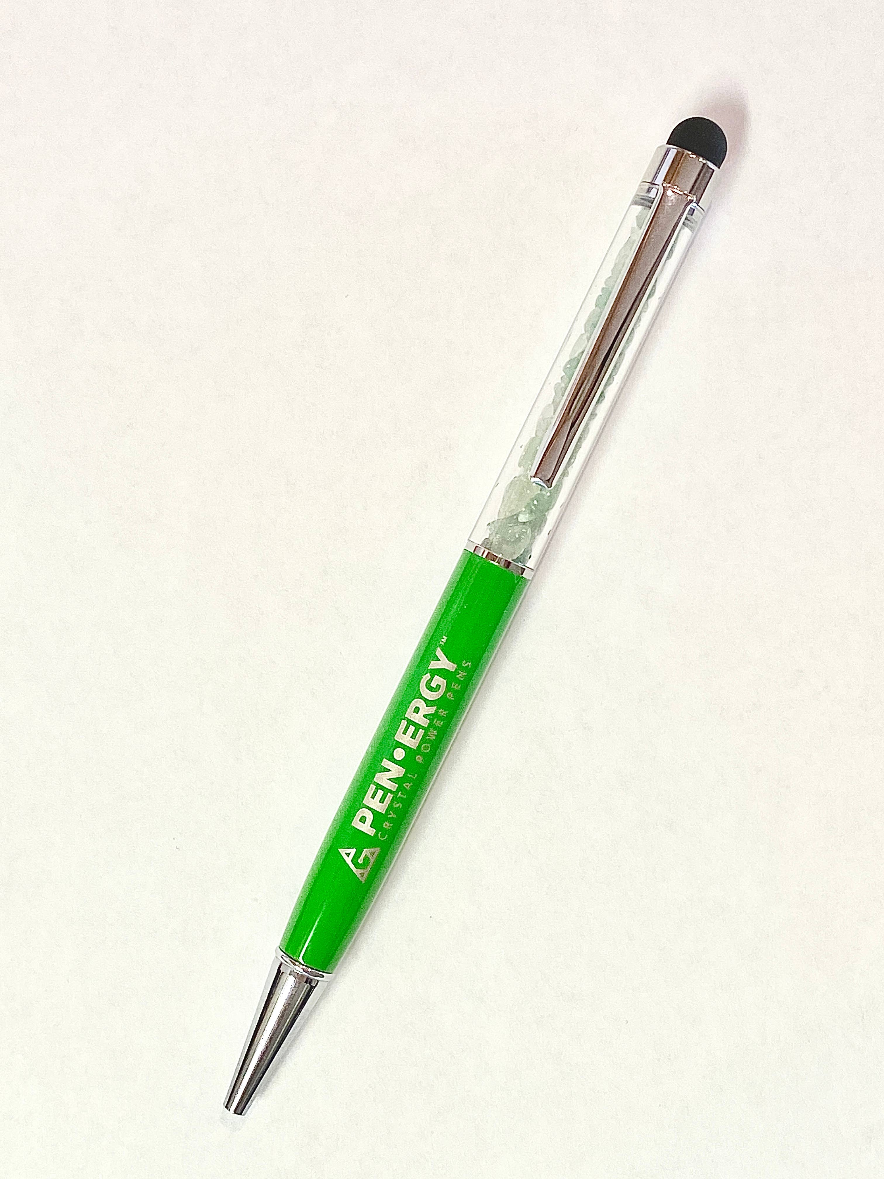 A green and silver retractable pen with a clear cap, featuring the brand name 'PEN-ENERGY' printed in white on the barrel, set against a plain off-white background.