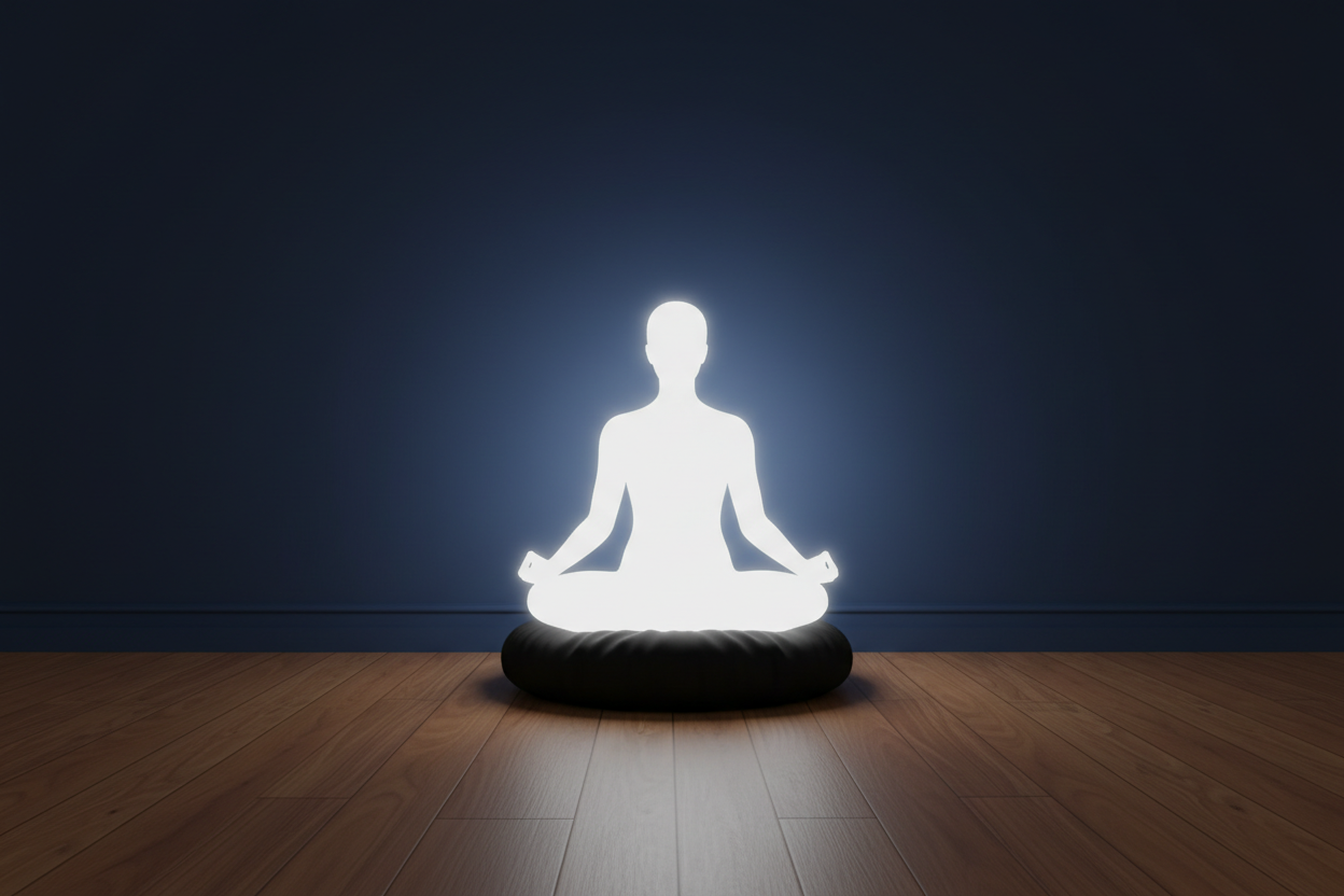 just the simple silhouette of a person glowing in white light as they sit on a black meditation cushion in a room with dark blue walls and wooden floors