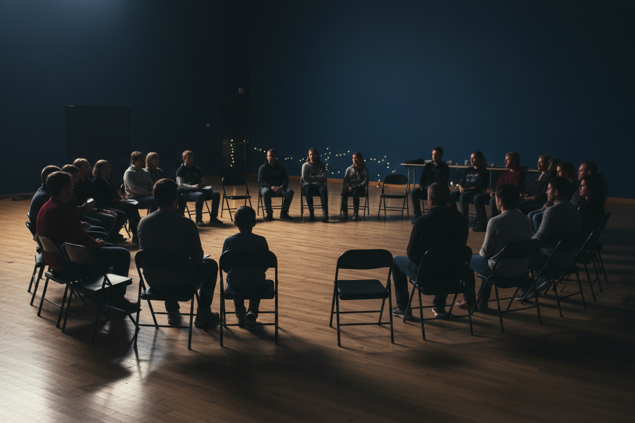 Silhouettes of people at a community meetup sitting in black folding chairs in an open room with wooden floors and dark blue walls
