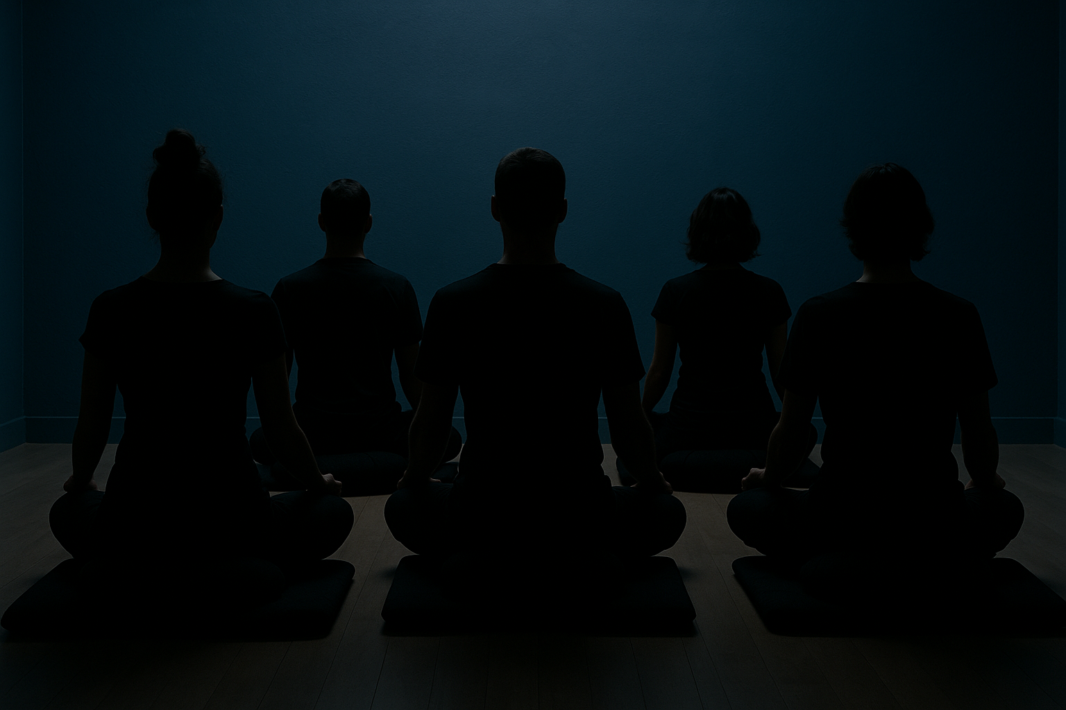silhouettes of the back of a group of people meditating in a seated position on a black meditation cushion in a room with dark blue walls