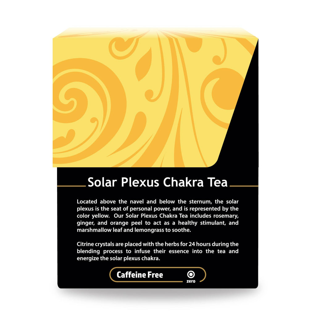 Packaging of Solar Plexus Chakra Tea with decorative design and text on a white background