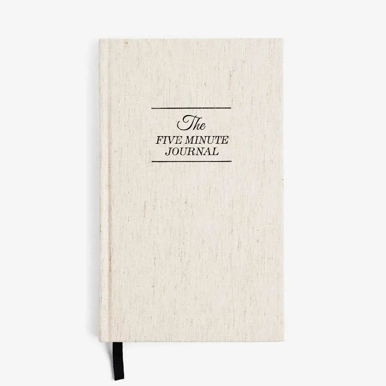 Beige journal with 'The Five Minute Journal' text on a white background