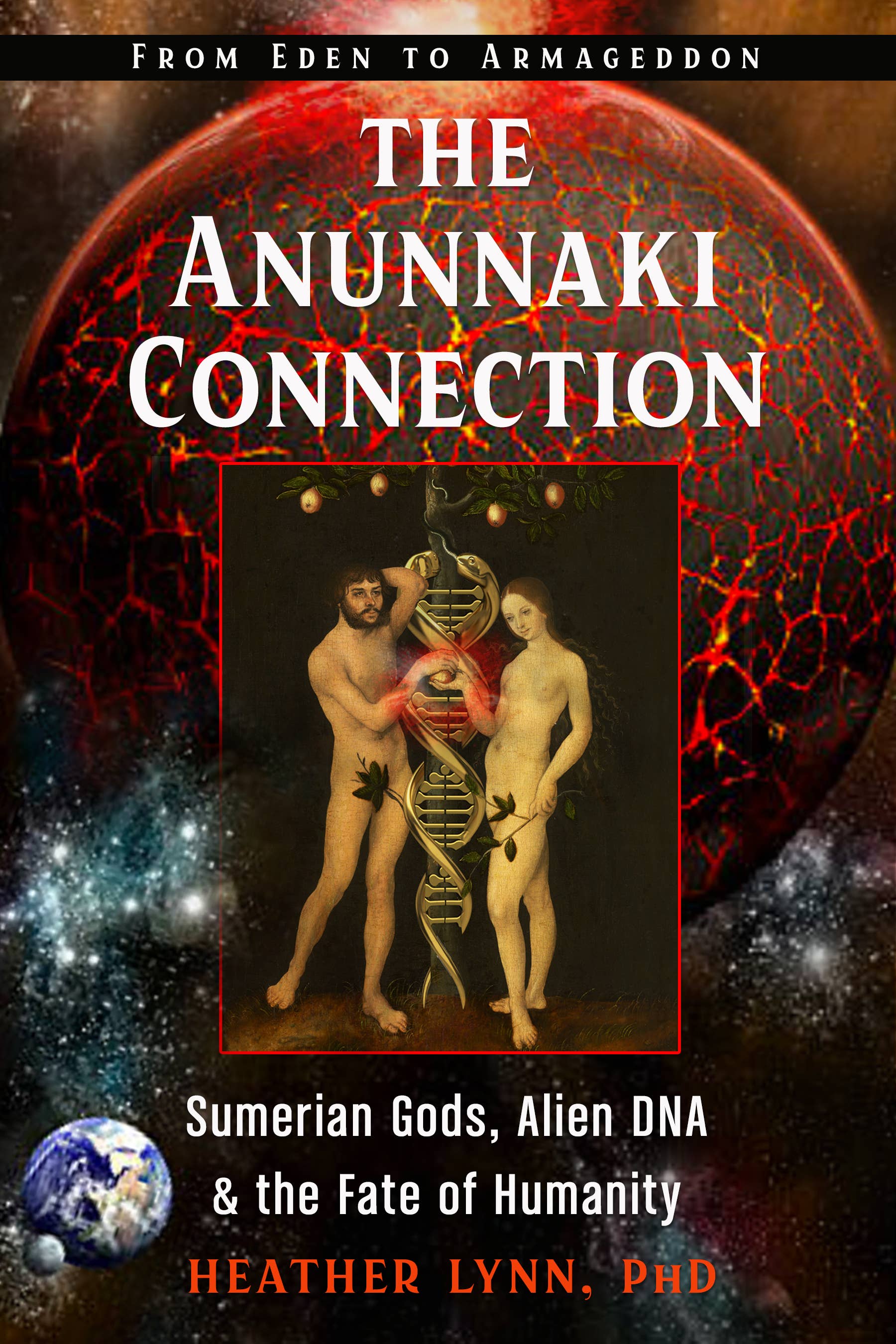 Book cover of 'The Anunnaki Connection' with two figures and a DNA strand on a cosmic background.
