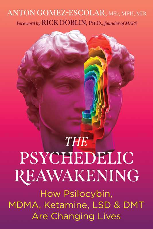 Book cover of 'The Psychedelic Reawakening' with a statue head and rainbow design on a pink background.