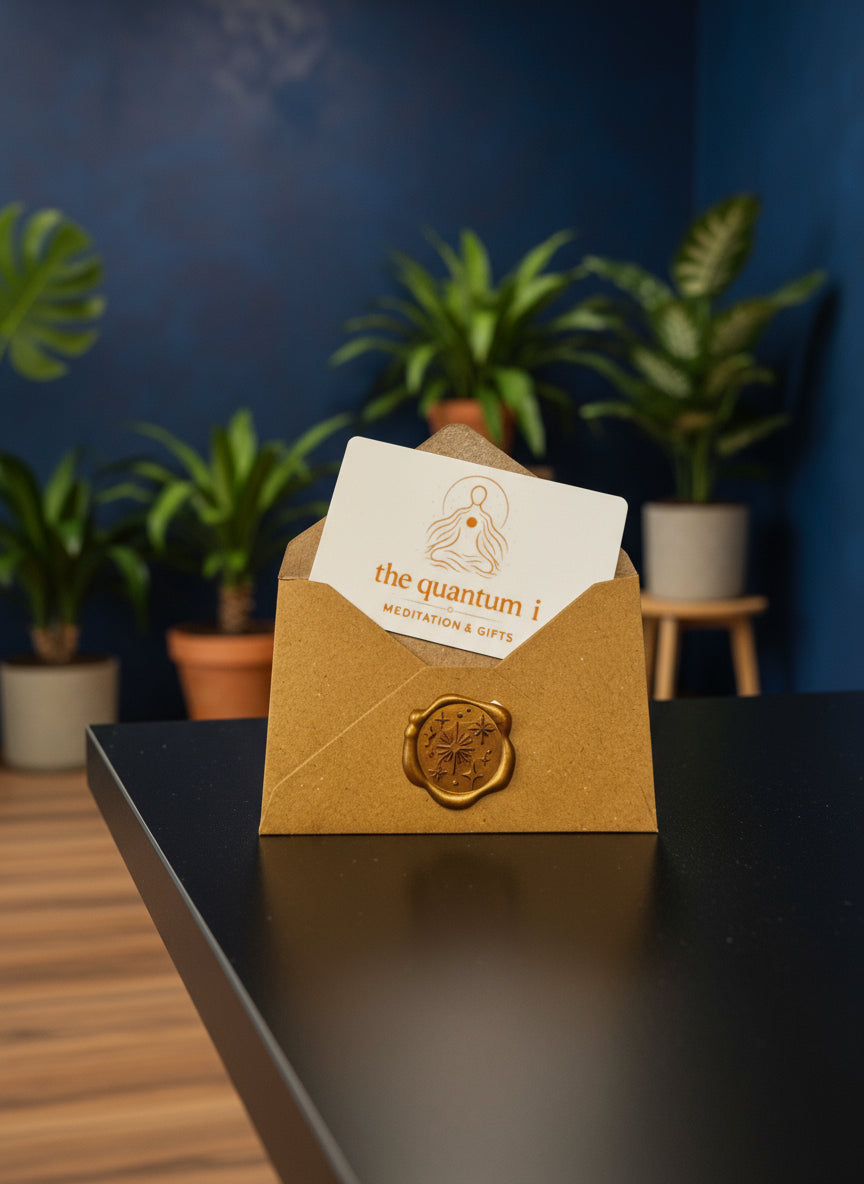 Brown envelope with a white gift card featuring 'the quantum' logo on a dark surface with plants in the background.