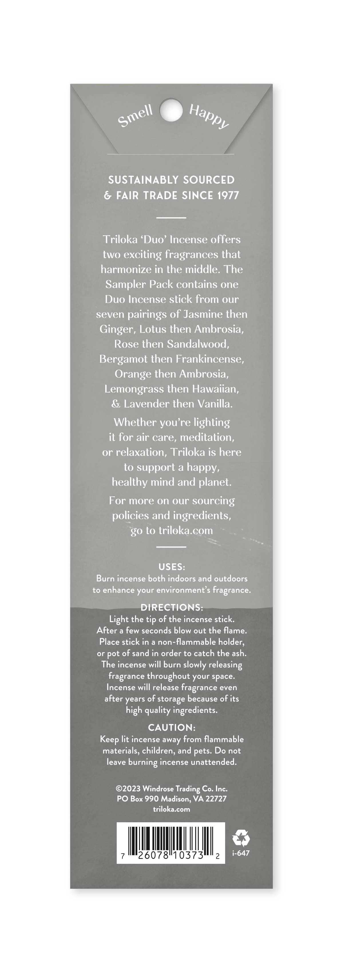 Back label of a pack of triloka incense with text describing the incense quality, uses, and directions, and a barcode on a gray background